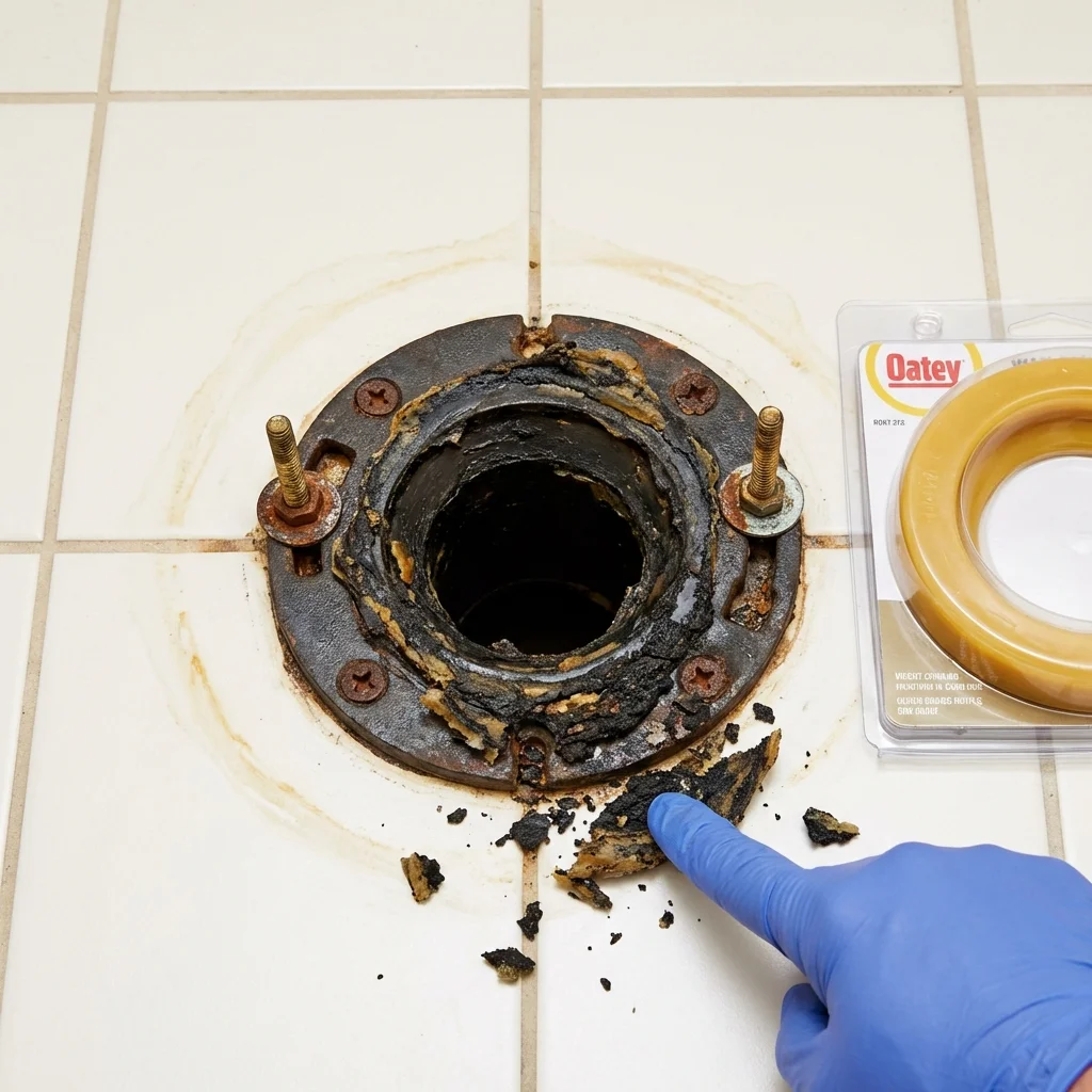 Failed wax ring showing water seepage at the base of a toilet in a Ashland, MA home