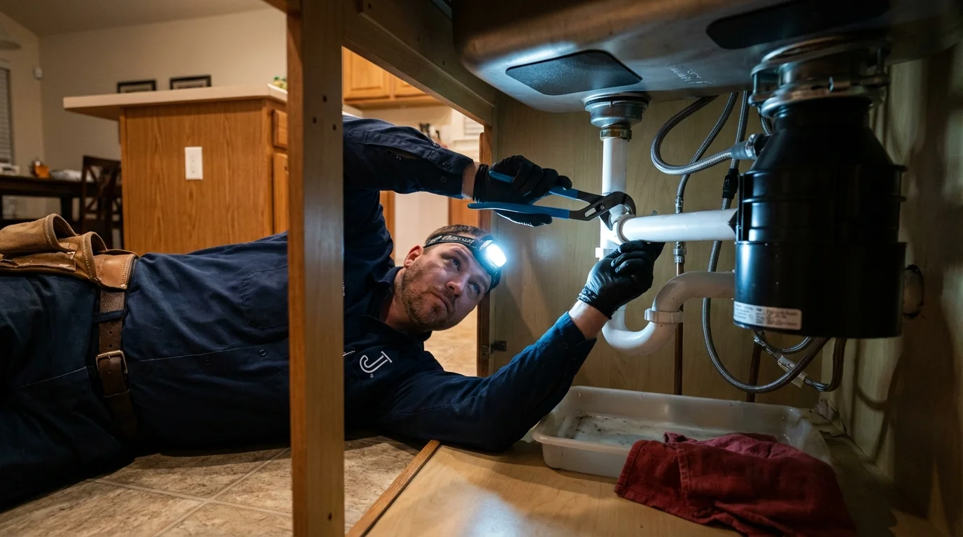 P-trap and supply line connections under a kitchen sink showing a common leak point in Ashland, MA